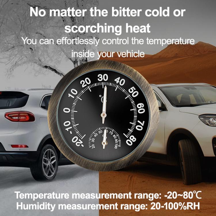 Round car temperature and humidity gauge with black dial, bronze frame, two needle pointers.