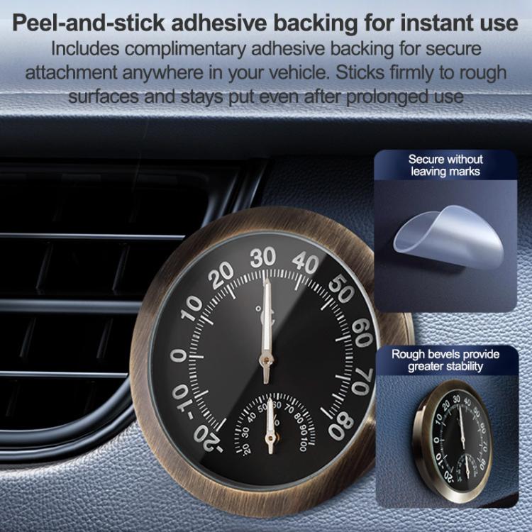 Round car thermometer/hygrometer gauge with black dial and bronze rim; adhesive backing shown.