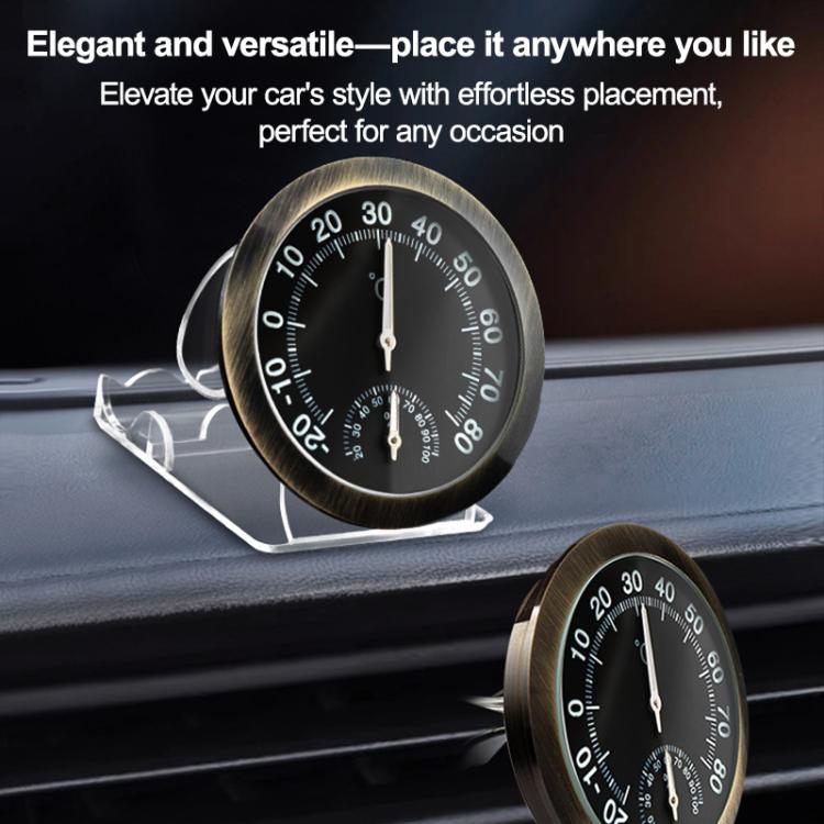 Round car temperature and humidity gauge with bronze bezel, black dial, and two pointers.