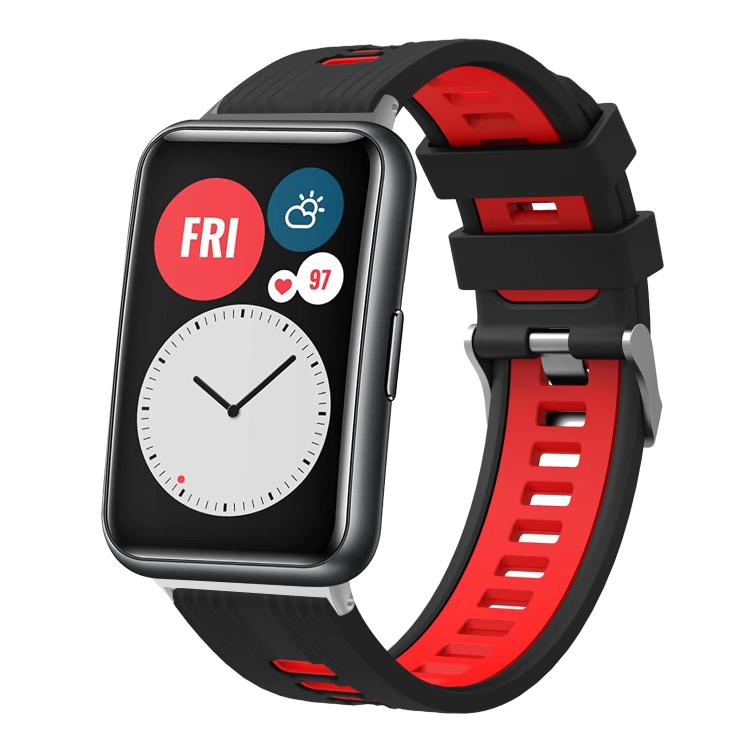 Black and red silicone watch band with silver buckle, shown on a smartwatch