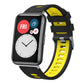 Black and yellow silicone watch band with silver buckle, shown on a smartwatch