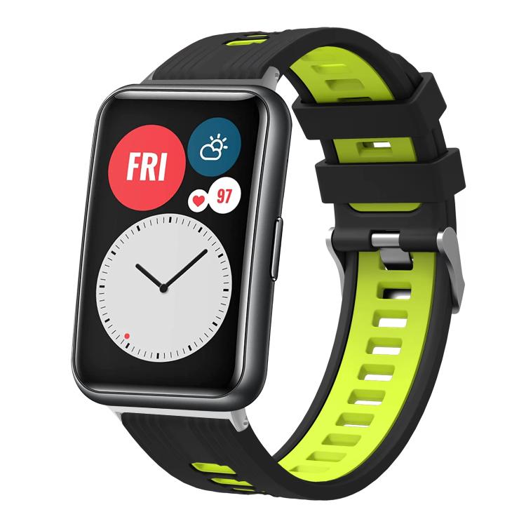 Black and lime green silicone watch band with silver buckle, shown on a smartwatch