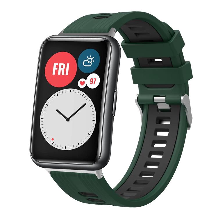 Dark green and black silicone watch band with silver buckle on a smartwatch