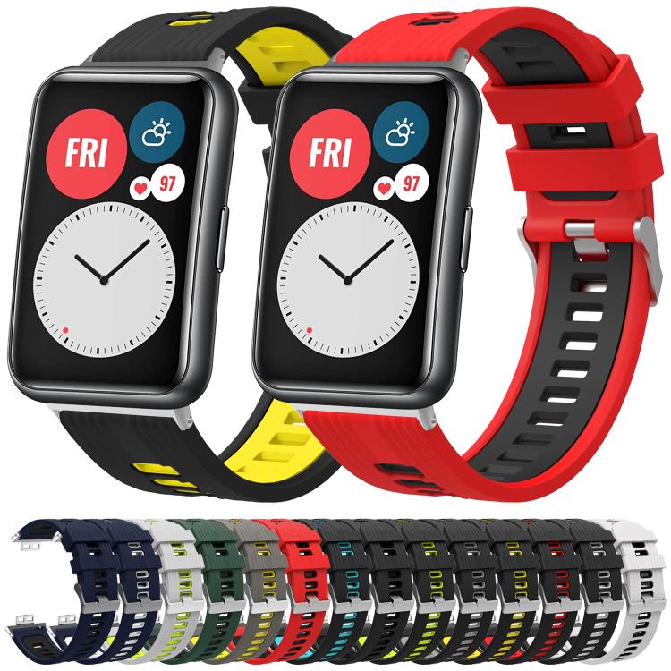 Silicone watch bands shown in assorted two-tone colors, with silver buckles