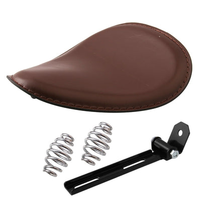 Brown motorcycle seat cushion with two chrome springs and black mounting bracket