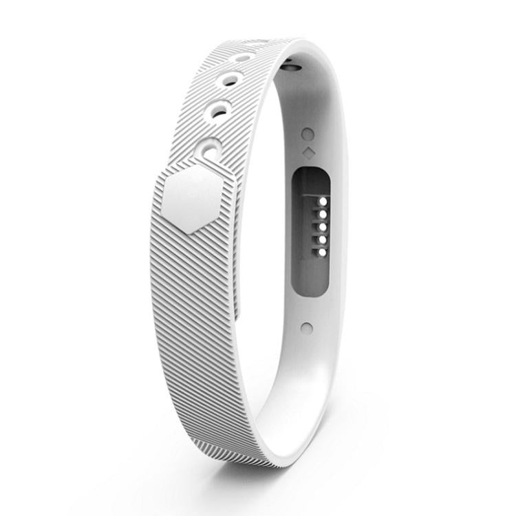 White silicone Fitbit Flex 2 band with ridged texture, adjustment holes, and metal buckle
