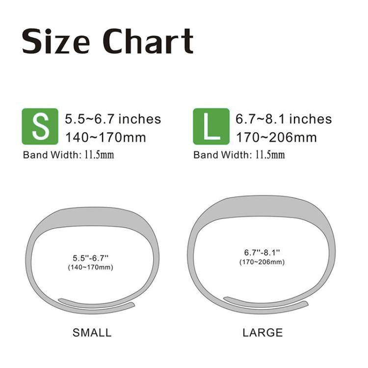Fitbit Flex 2 silicone band size chart for small and large wrist measurements