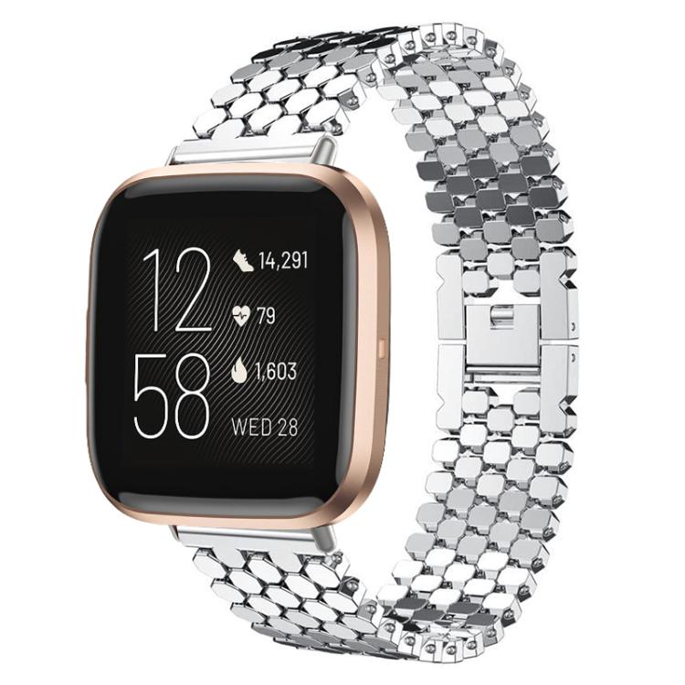 Silver metal fish-scale watch band fitted to a smartwatch with a rose gold case.