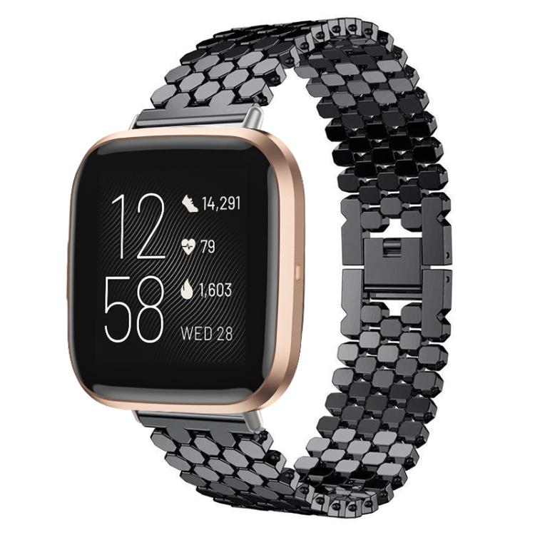 Black metal fish-scale watch band fitted to a smartwatch with a rose gold case.