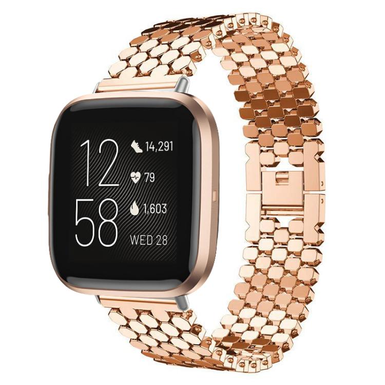 Rose gold metal fish-scale watch band fitted to a smartwatch with a rose gold case.