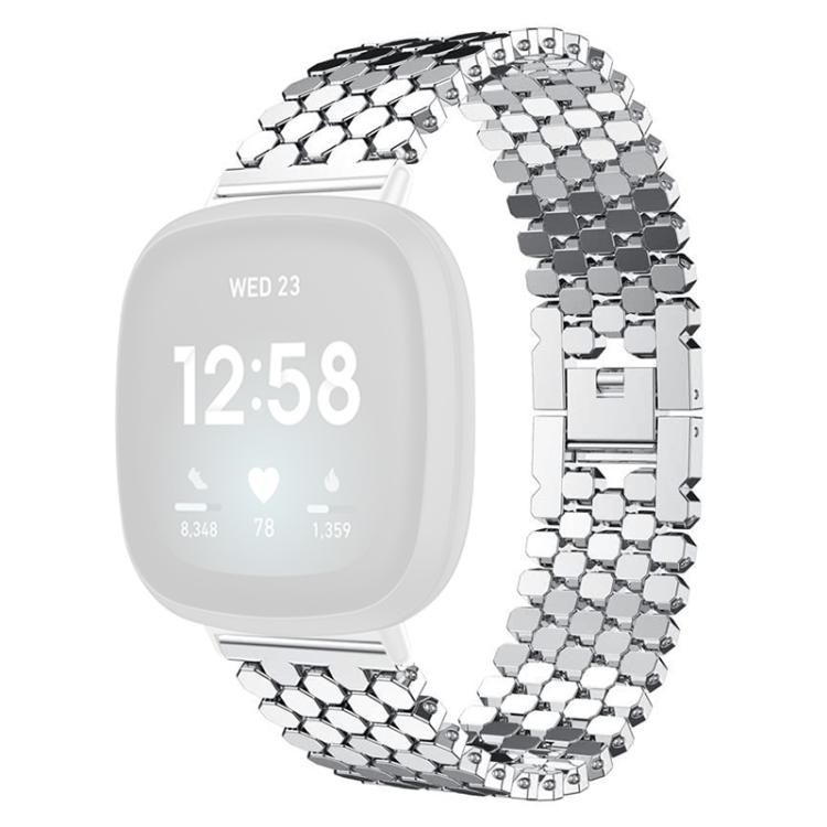 Silver metal fish-scale watch band fitted to a white smartwatch.
