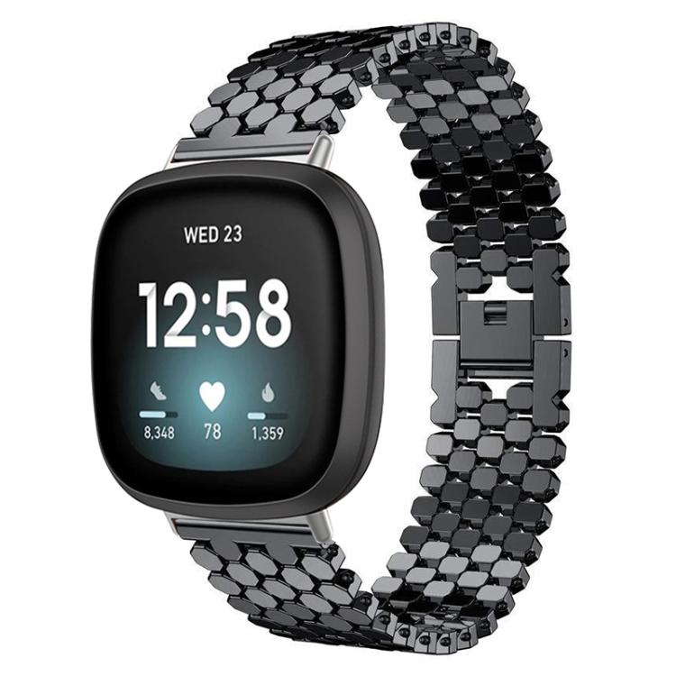 Black metal fish-scale watch band fitted to a black smartwatch.
