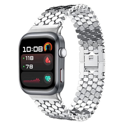 Silver metal watch band with fish-scale links, shown attached to a smartwatch.