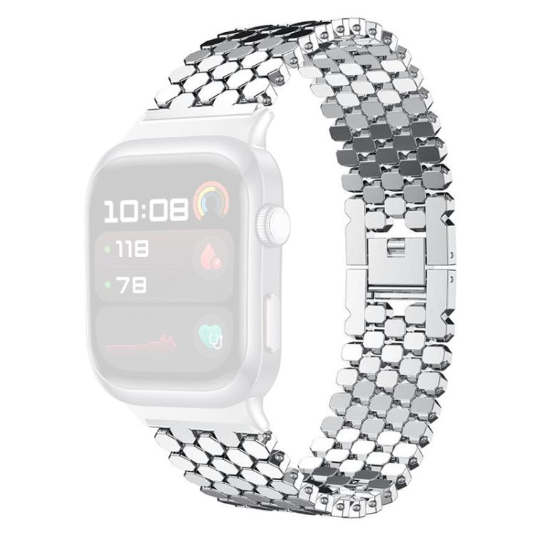 Silver fish-scale metal watch band fitted to a white smartwatch.