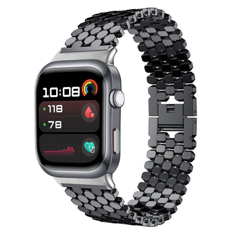Black fish-scale metal watch band fitted to a smartwatch.