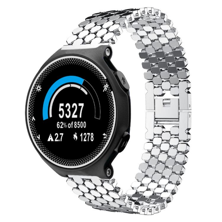 Silver fish-scale metal watch band attached to a round black sports watch