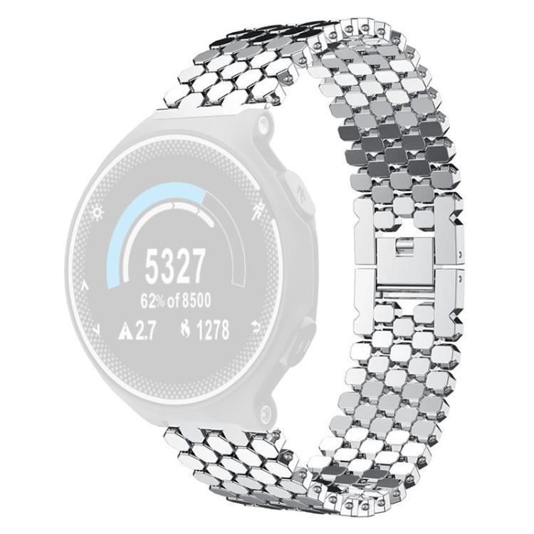 Silver fish-scale metal watch band with a pale translucent watch face