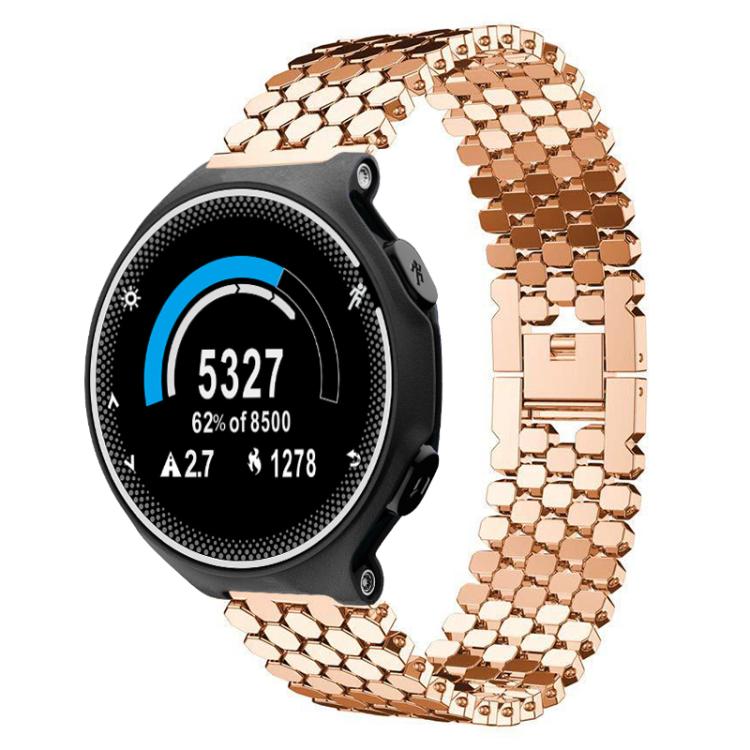 Rose gold fish-scale metal watch band attached to a round black sports watch