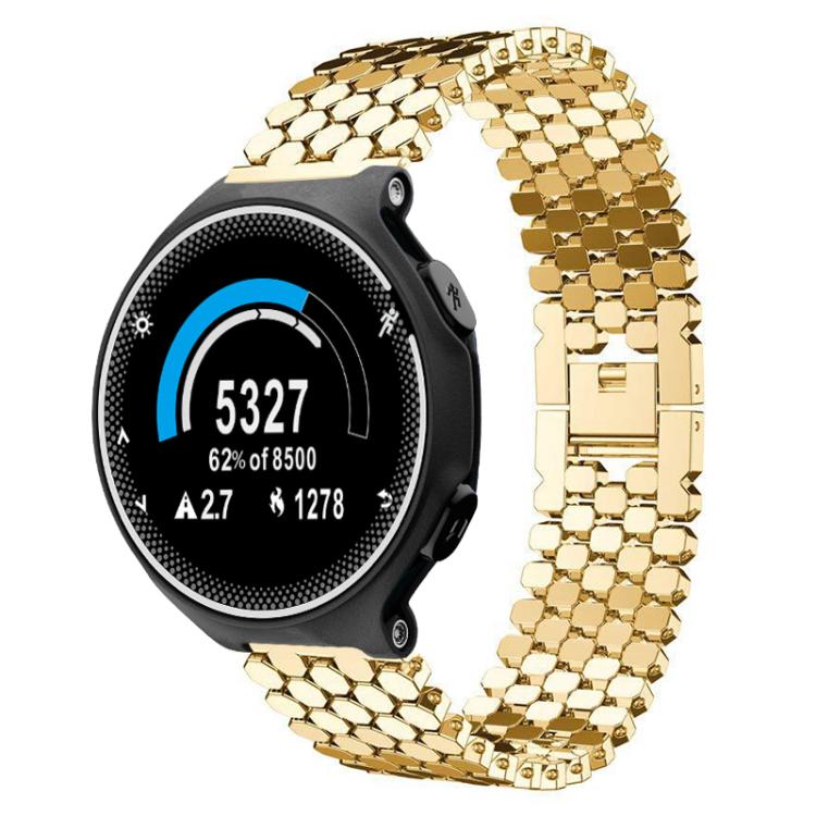 Gold fish-scale metal watch band attached to a round black sports watch