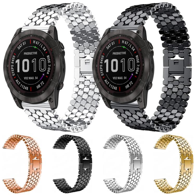 Silver and black fish-scale metal watch bands shown with sports watches; other color options below