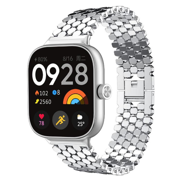 Silver fish-scale metal watch band shown on a square smartwatch