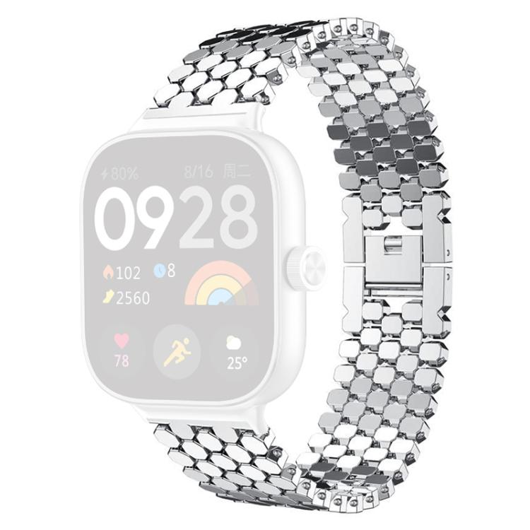 Silver fish-scale metal watch band with a pale square smartwatch