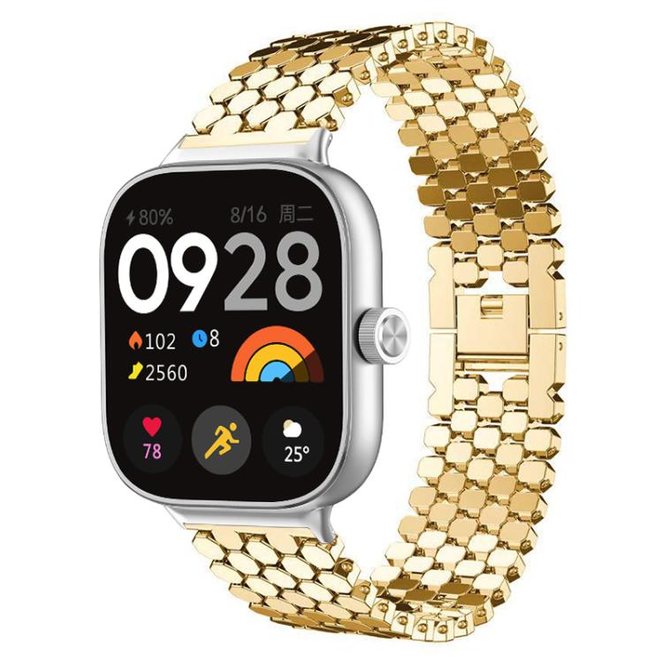 Gold fish-scale metal watch band shown on a square smartwatch