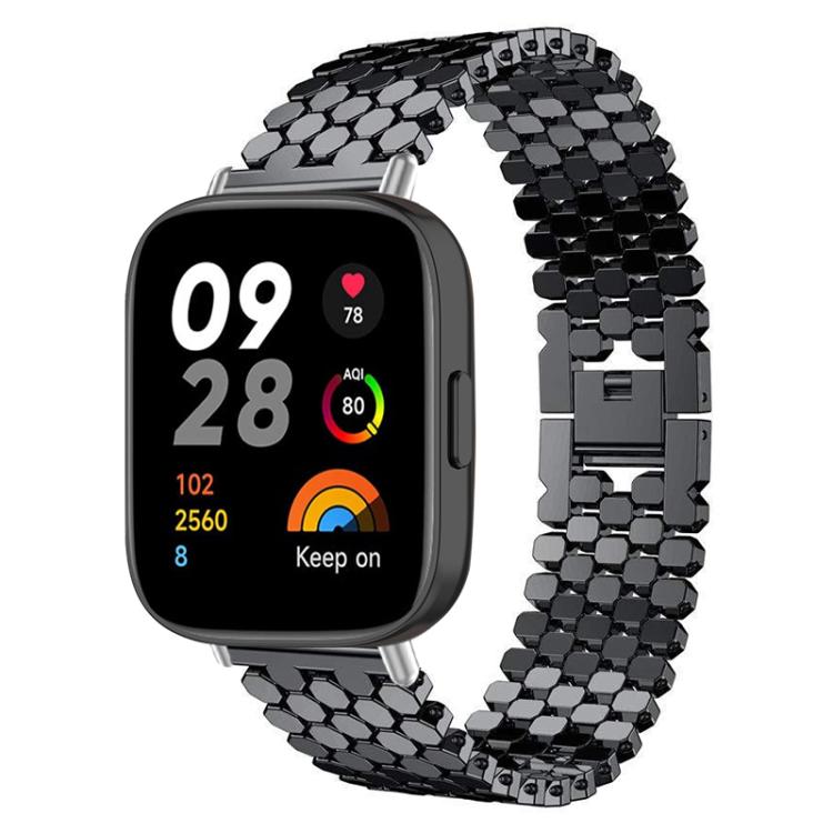Black fish-scale metal watch band fitted to a rectangular smartwatch