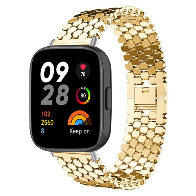 Gold fish-scale metal watch band fitted to a rectangular smartwatch