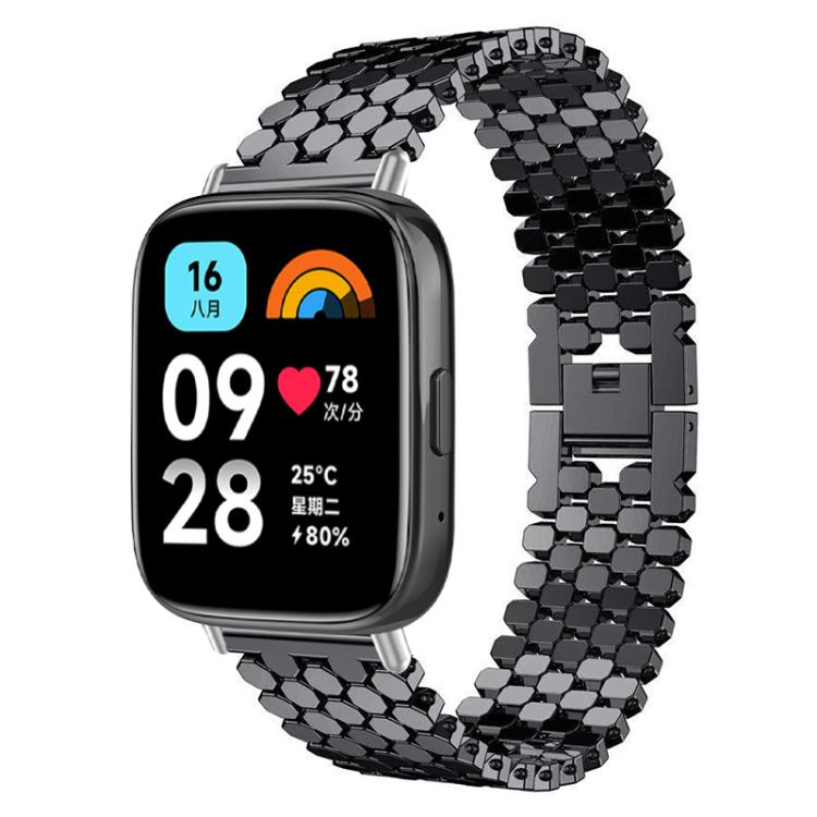 Black fish-scale metal watch band shown on a rectangular smartwatch
