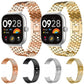 Fish-scale metal watch bands in rose gold, gold, black, and silver, shown on watches and alone
