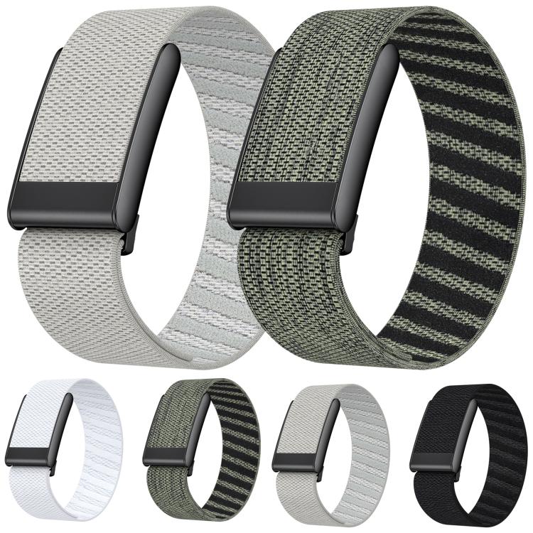 Light gray and gray-green textured nylon watch bands with dark buckles.