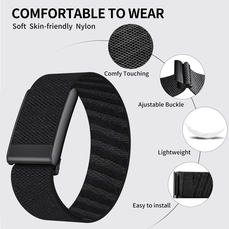 Black nylon watch band with adjustable buckle and close-ups of its woven texture and fittings.