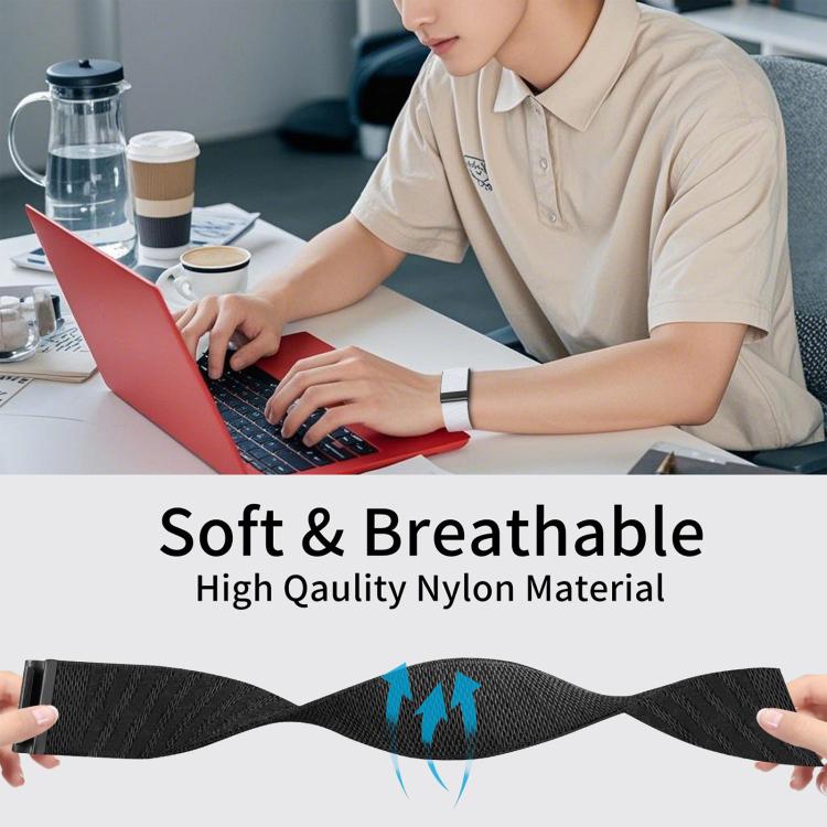 Black breathable nylon watch band shown stretched to demonstrate its flexible woven material.