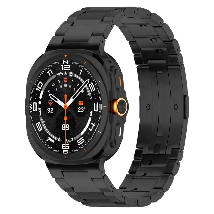 Black titanium alloy watch band with linked bracelet attached to a Galaxy watch