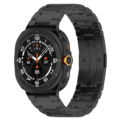 Black titanium alloy watch band with linked bracelet attached to a Galaxy watch