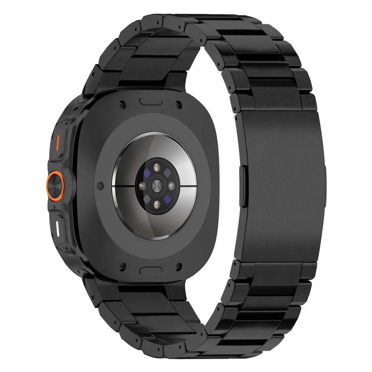 Back of black titanium alloy linked watch band attached to a Galaxy watch