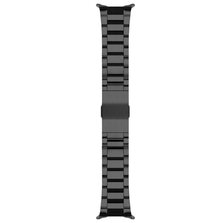Black titanium alloy watch band shown flat, with linked beads and curved end connectors