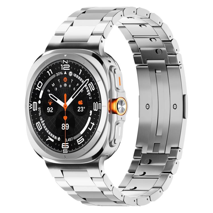 Silver titanium alloy watch band with linked bracelet attached to a Galaxy watch