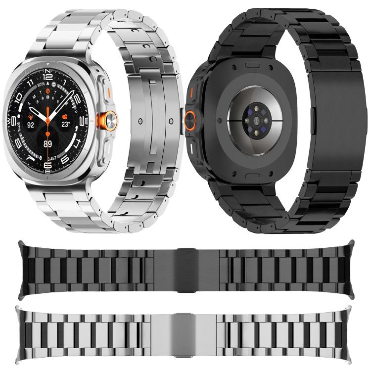 Black and silver titanium alloy watch bands shown on Galaxy watches and laid flat