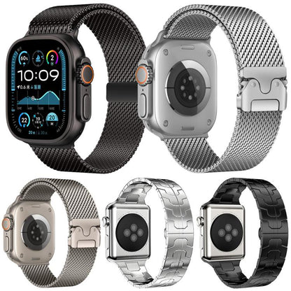 Five mixed metal Apple Watch bands in black and silver mesh and link styles.
