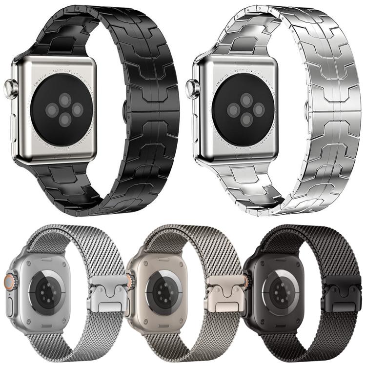 Five Apple Watch bands with black and silver metal link and mesh designs.