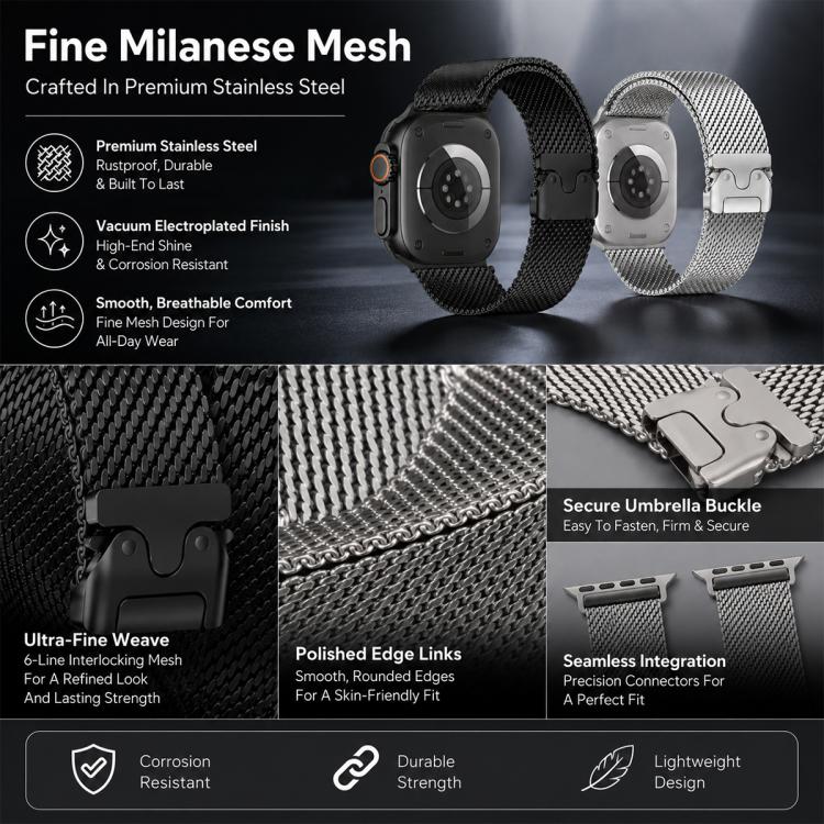 Black and silver Milanese mesh watch bands with close-ups of the weave and buckles.