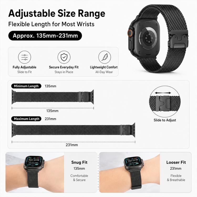 Black Milanese mesh Apple Watch band shown with adjustable length and fit.