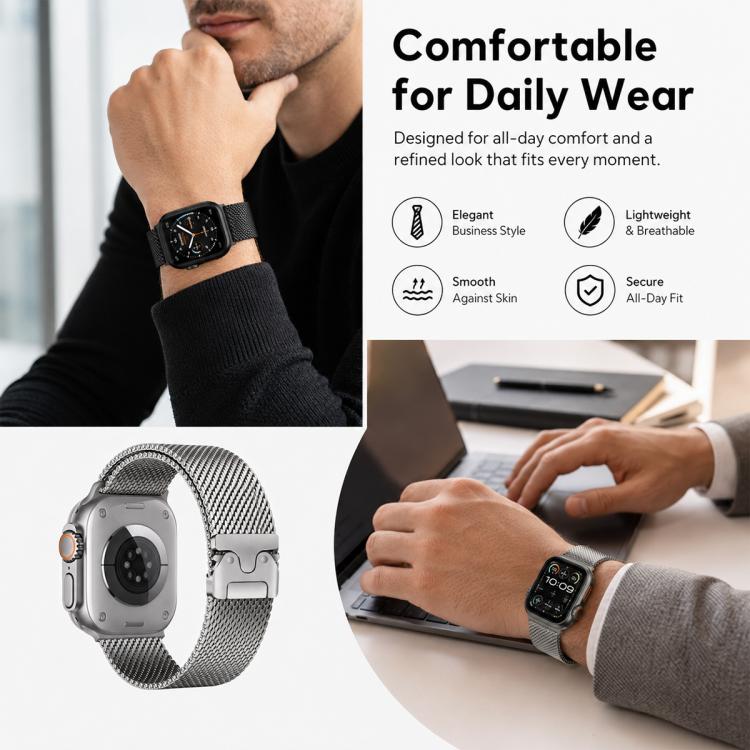 Silver Milanese mesh Apple Watch band with umbrella buckle, shown on wrist.