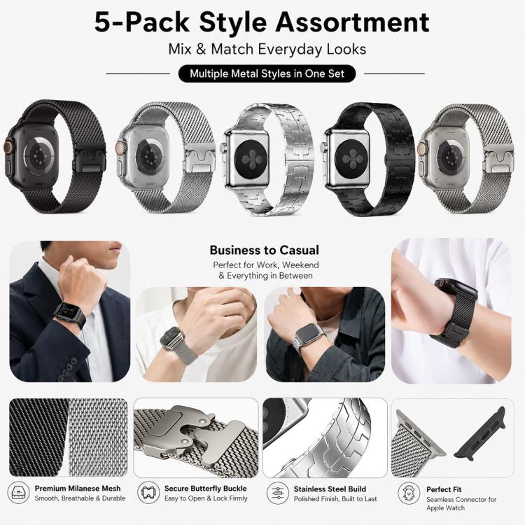 Five metal Apple Watch bands in assorted black and silver mesh and link styles.