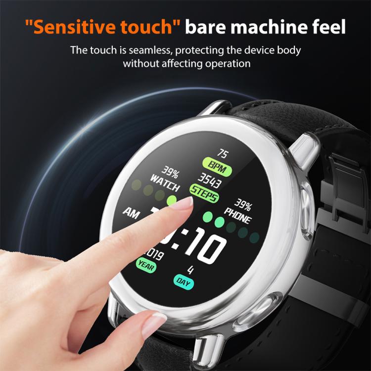 Silver xDfind TPU watch cover on a smartwatch with a finger touching the screen