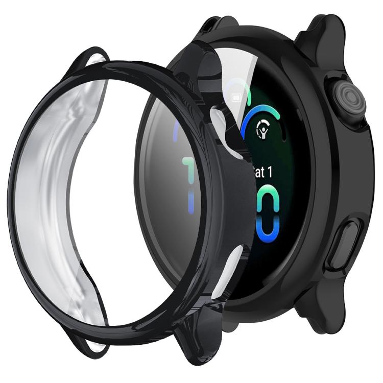 Black full-cover watch case with clear screen protector, shown beside a smartwatch