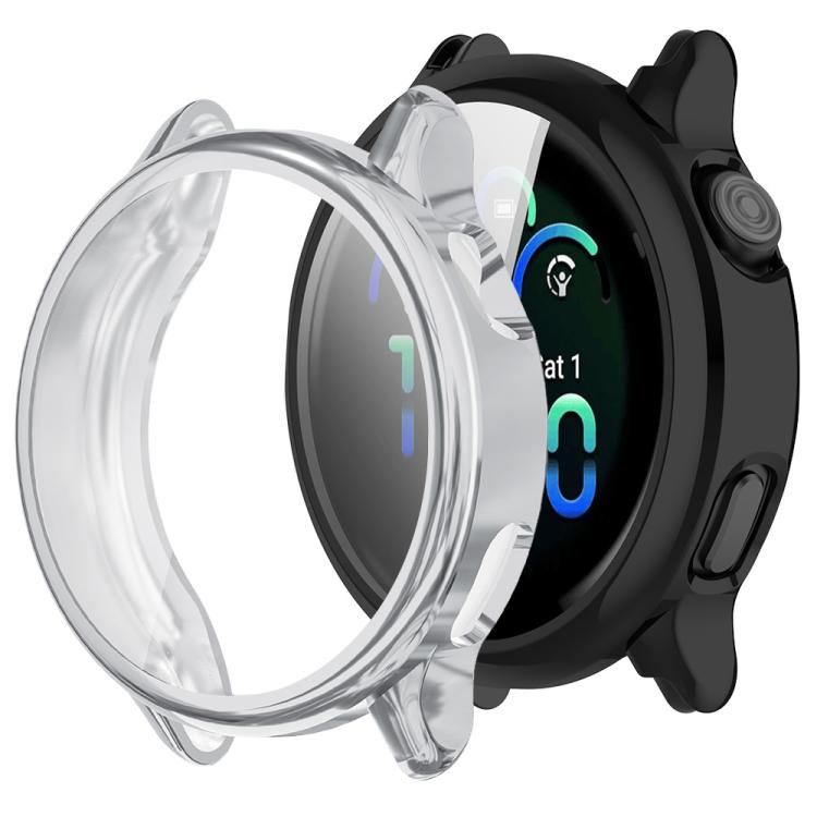 Transparent TPU watch cover shown beside a black smartwatch