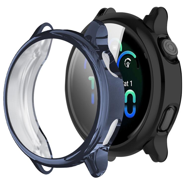 Midnight blue TPU watch cover shown beside a black smartwatch